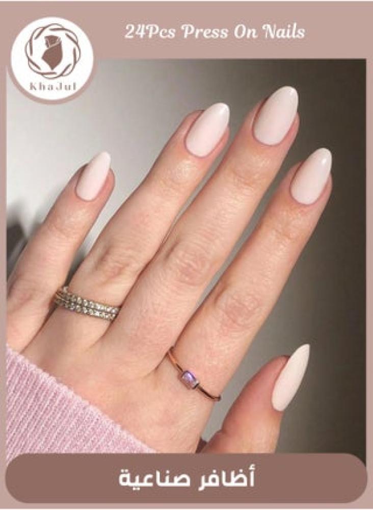 Almond-shaped beige and white stick-on nails – 24 pieces with jelly glue and nail file