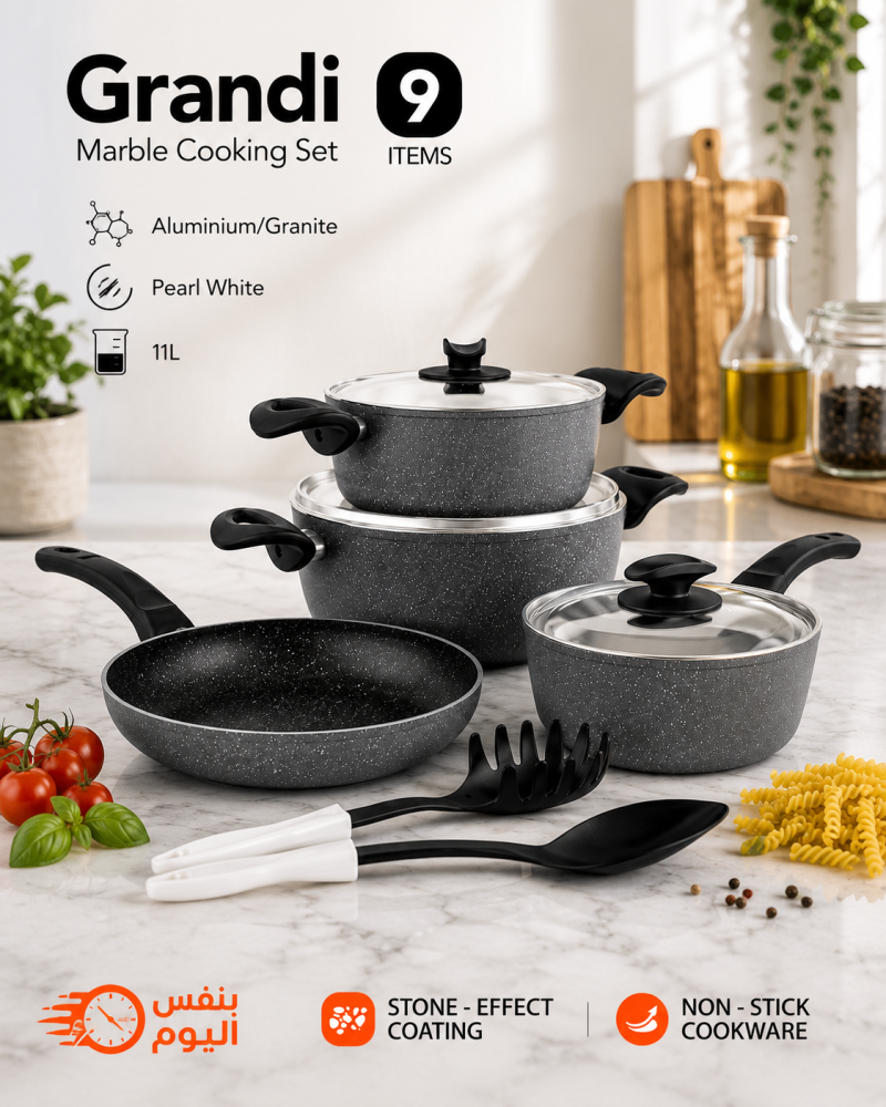 Granite pot and pan set non-stick – 9 pieces in gray color