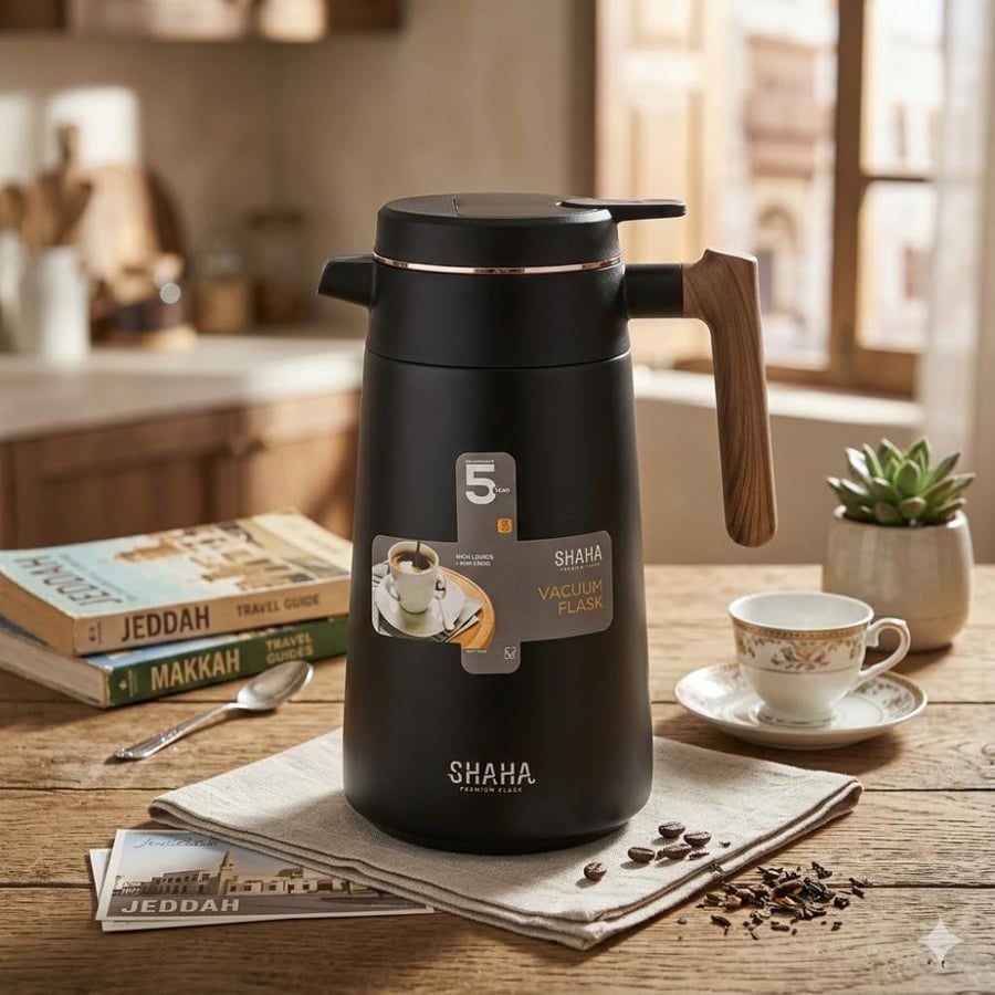 ترمس قهوة وشاي من SHAHA اسود 1.7 لتر  مع ساعة حرارة ( الداخل استيل )