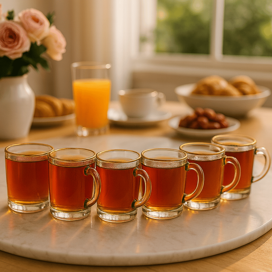 بيالات شاي زجاج مضلع ذهبي 6 قطعة