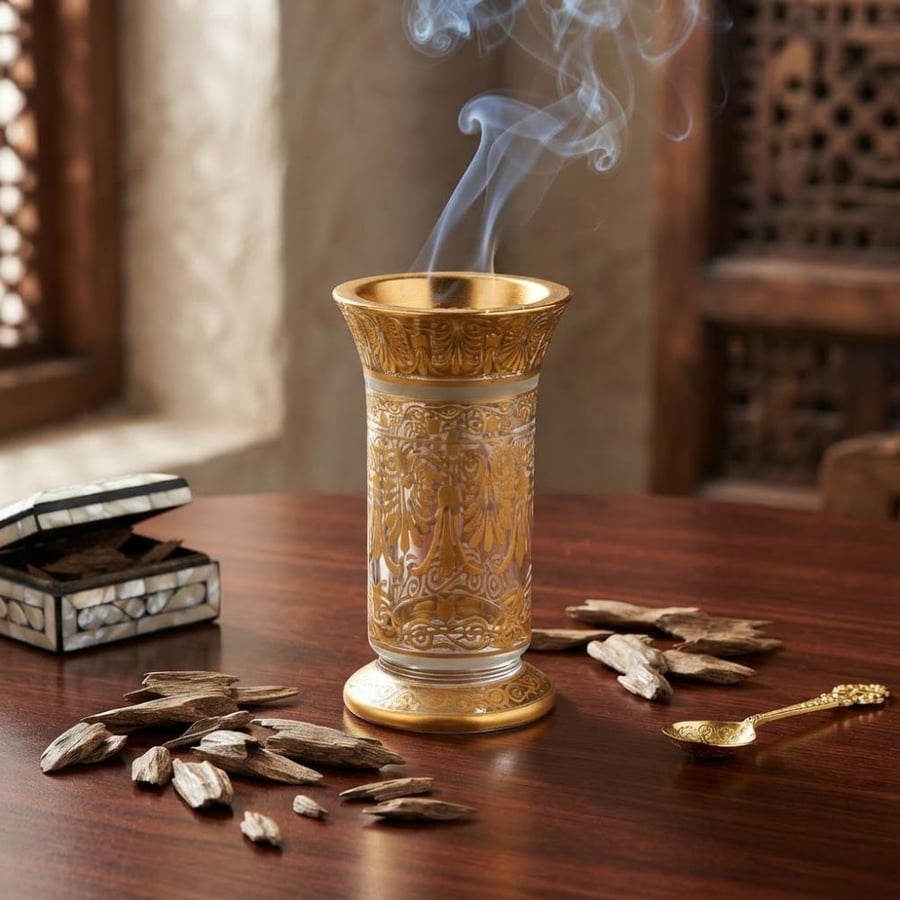 مبخرة كريستال تركي فاخر بنقشات حفر ليزر ذهبي مقاس 20*11 سم