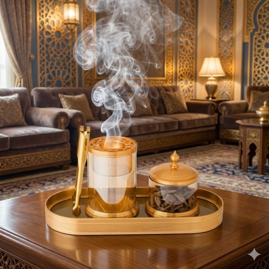 طقم مبخرة وعلب عود زجاج و معدن ذهبي مع تبسي وملقط