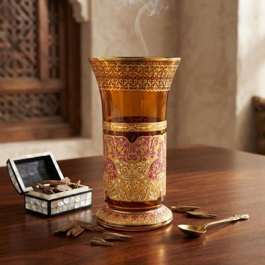 مبخرة كريستال تركي فاخر بنقشات حفر ليزر مزخرف ذهبي مقاس 20*11 سم