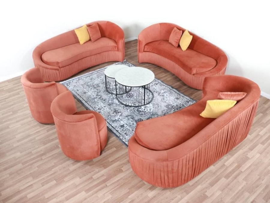 طقم كنب 11 شخص بتصميم عصري  قماش مخمل لون برتقالي