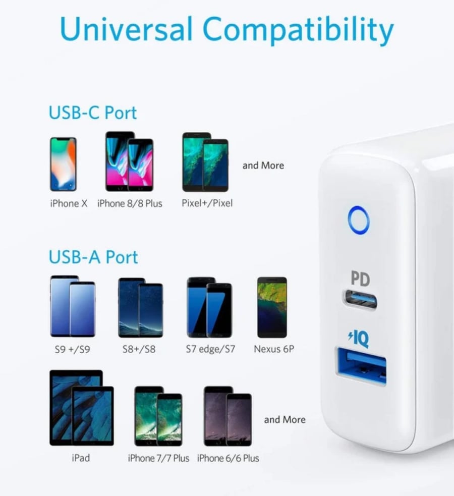 شاحن جداري انكر باور بورت بقوة 35 واط بمنفذين USB-C و USB-A - أبيض