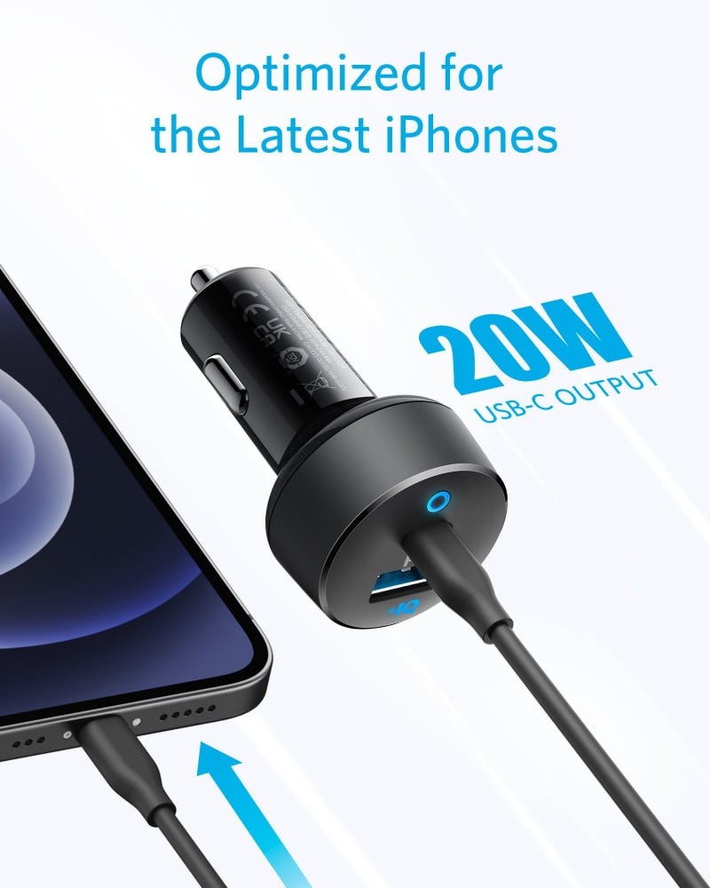 شاحن سيارة انكر باوردرايف كلاسيك 35 واط بمنفذ USB ومنفذ تايب سي - اسود