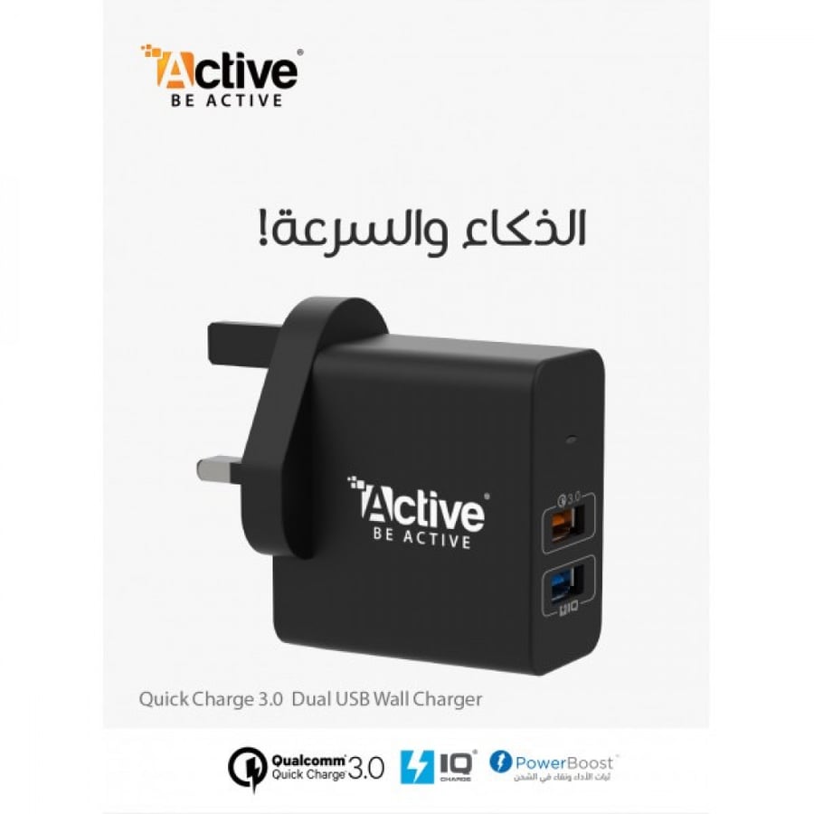 شاحن جداري بمنفذين - اكتيف - اللون اسود