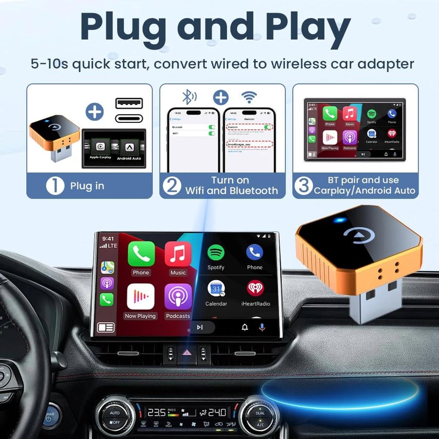 محول لاسلكي 2 في 1 لـ CarPlay وAndroid Auto، سهل التركيب، يدعم الاتصال التلقائي عبر WIFI وBluetooth، مناسب لـ 99% من سيارات OEM المزودة بـ CarPlay/Android Auto السلكي.