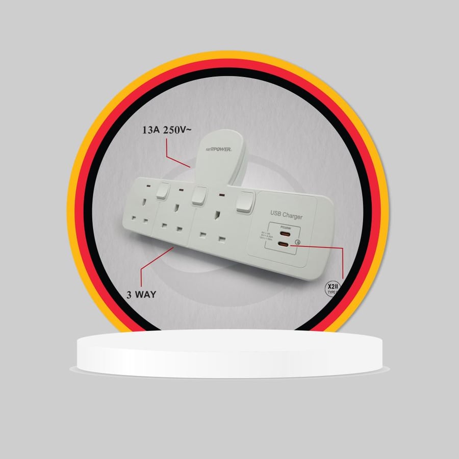 توصيلة جدارية جودة عالية مشترك كهربائي 13 أمبير مع 3 منافذ للمقابس ومنفذين شحن USB تايب سي الحديث  شحن سريع ،