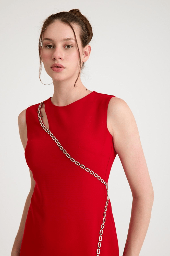 فستان سهرة – springstore – بتفاصيل سلسلة – كريب – أحمر – 44-48 – صنع في تركيا