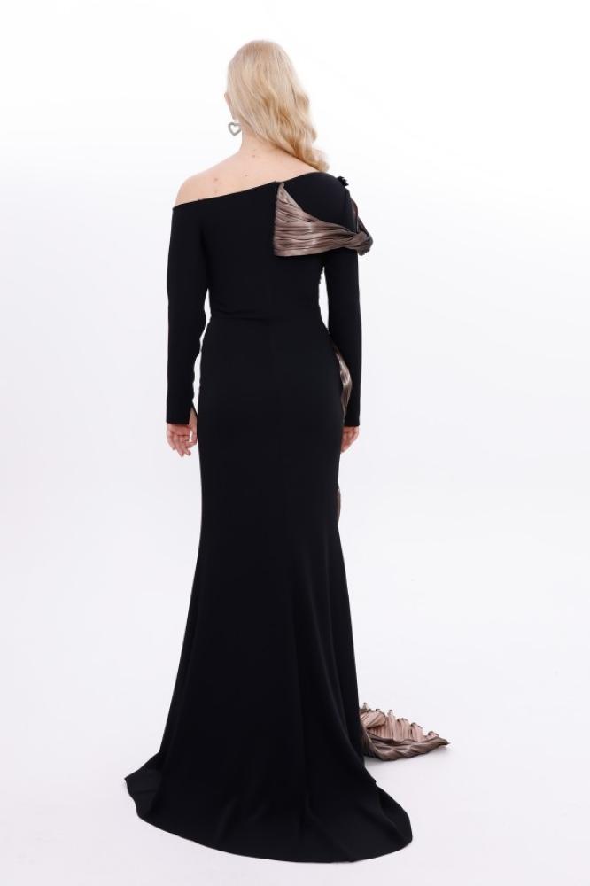Evening gown crepe - khaki - organza look with one sleeve for occasions - one piece - BDM Exclusive - original Turkish