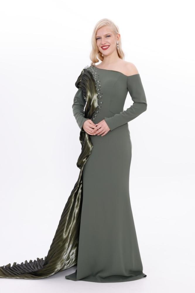 Evening gown crepe - khaki - organza look with one sleeve for occasions - one piece - BDM Exclusive - original Turkish