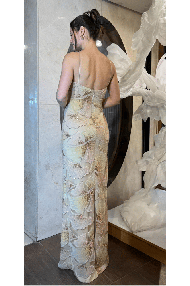 فستان سهرة – springstore – بحمالات رفيعة وتصميم مستقيم – تل – بيج – 36