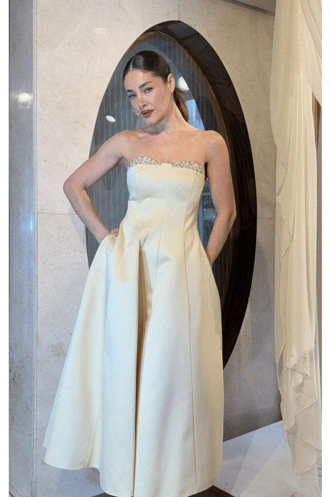 فستان سهرة – springstore – بدون حمالات ومزين بتطريز علوي – ساتان – أصفر فاتح – 40 – صنع في تركيا