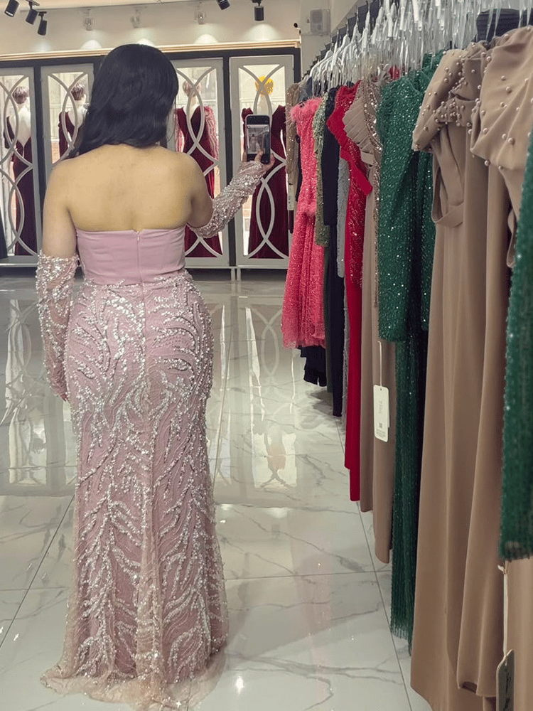 فستان سهرة – miracouture – بدون حمالات – ترتر – بيج – 36-44 – صنع في تركيا