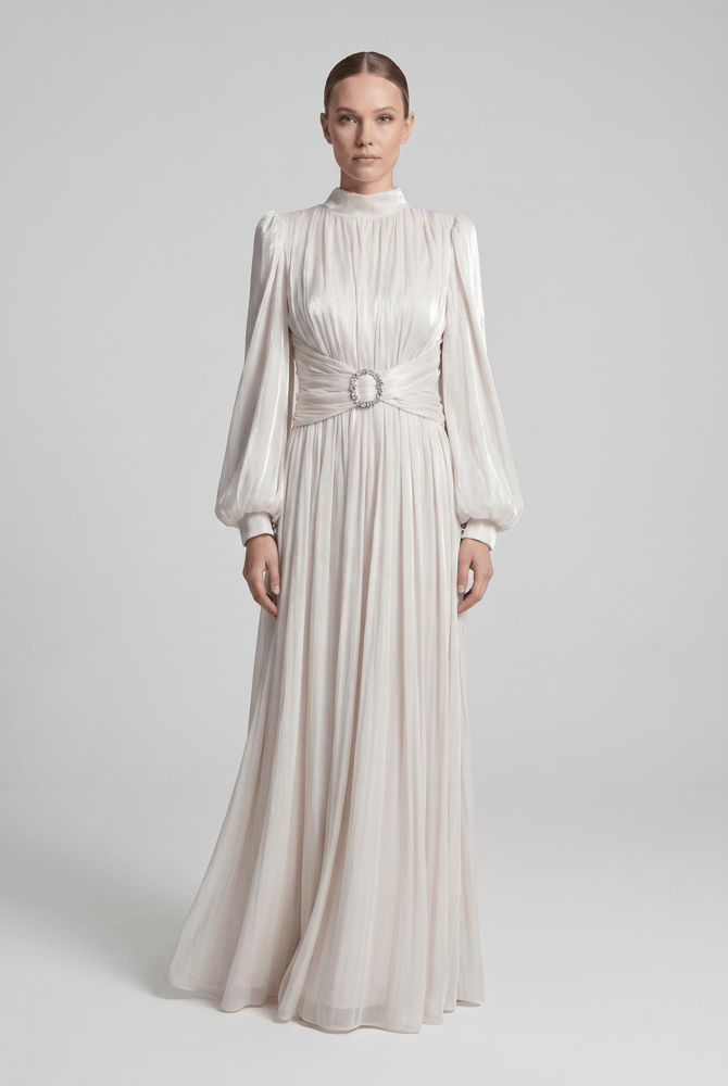 فستان سهرة – springstore – بأكمام طويلة وياقة عالية – شيفون