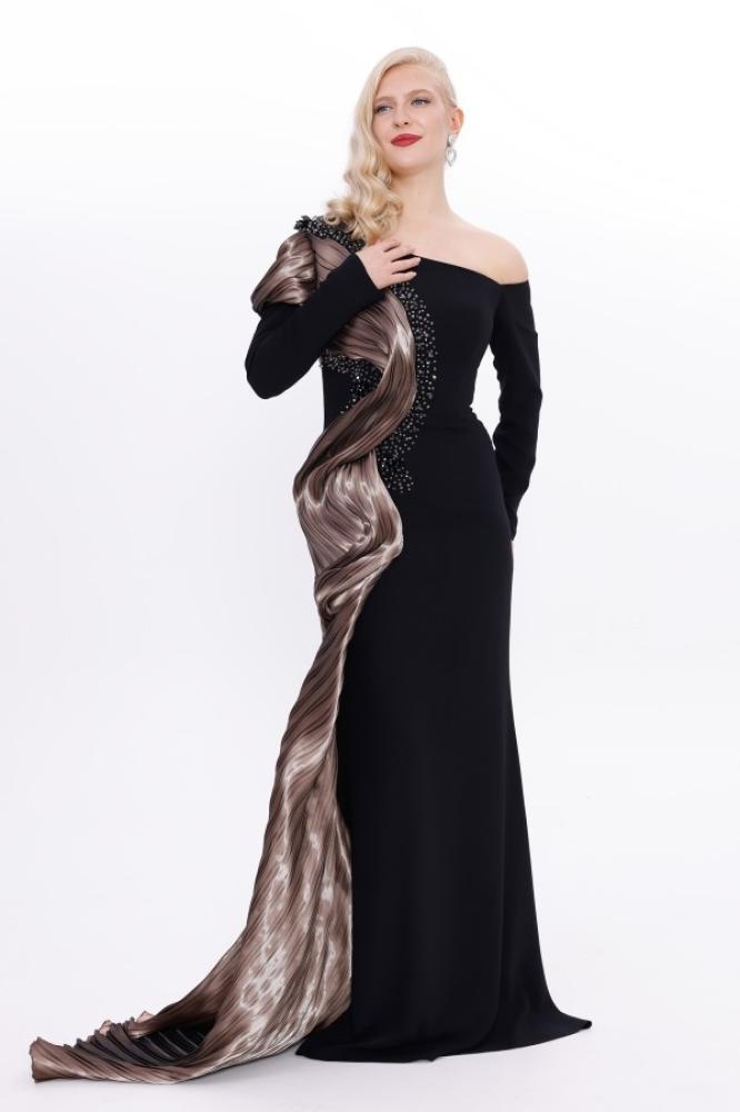 Evening gown crepe - khaki - organza look with one sleeve for occasions - one piece - BDM Exclusive - original Turkish