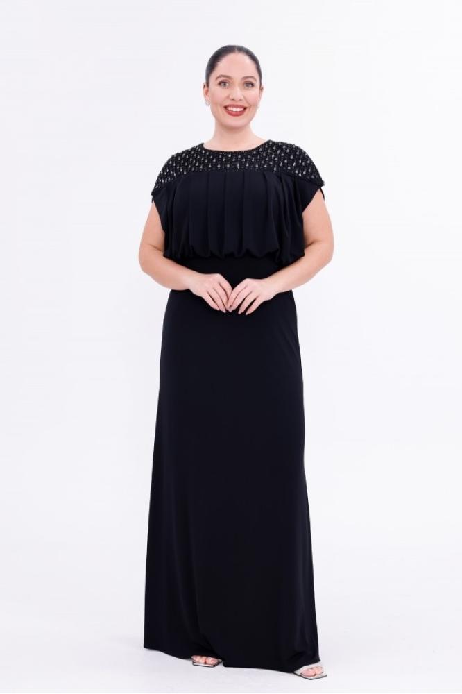 Evening gown crepe lycra - chiffon cape look with hand-placed stones sleeveless - plus sizes - BDM Exclusive - original Turkish