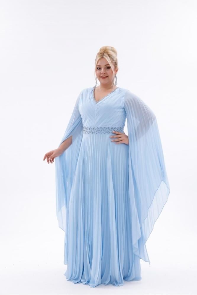 Evening gown satin - blue - layered tulle look with stones for occasions - plus sizes - BDM Exclusive - original Turkish