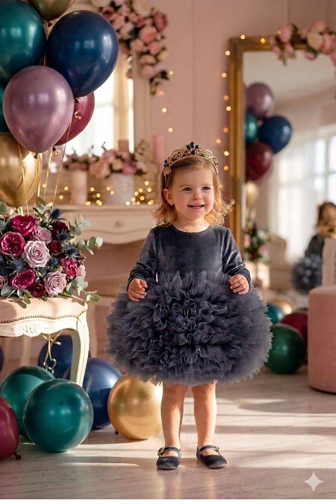 فستان أطفال بناتي – Mini Chics – مخمل بأكمام طويلة وتنورة تول متعددة الطبقات – مخمل وتول ببطانة قطنية – 9 أشهر-3 سنوات – رمادي داكن – صنع في تركيا