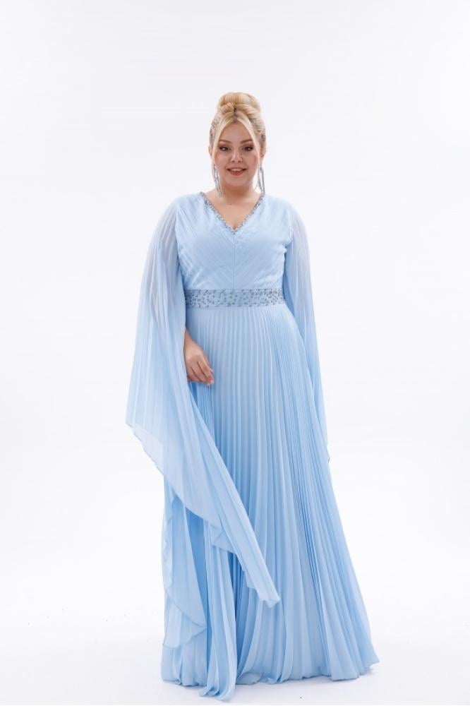Evening gown satin - blue - layered tulle look with stones for occasions - plus sizes - BDM Exclusive - original Turkish