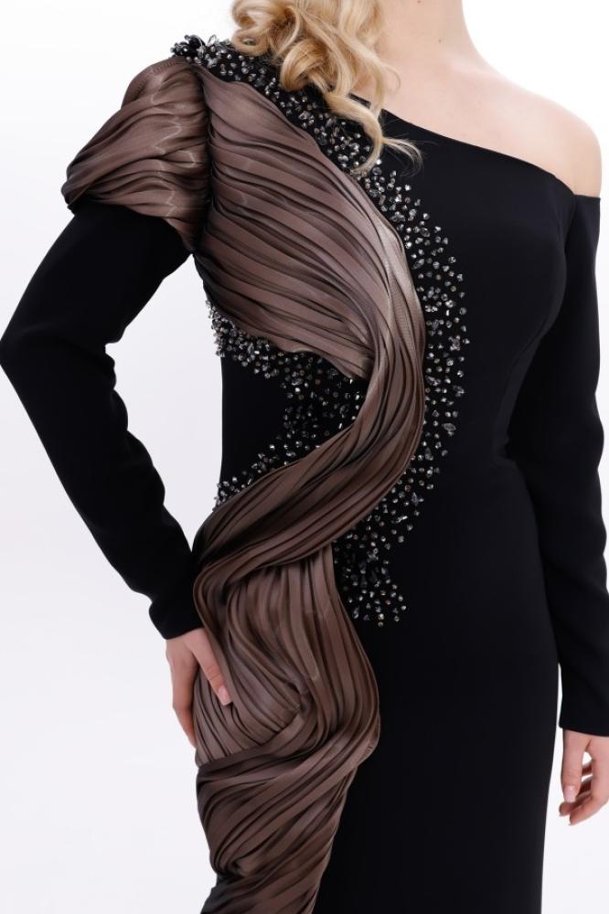 Evening gown crepe - khaki - organza look with one sleeve for occasions - one piece - BDM Exclusive - original Turkish