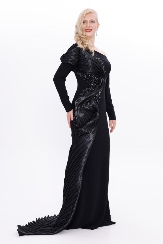 Evening gown crepe - khaki - organza look with one sleeve for occasions - one piece - BDM Exclusive - original Turkish