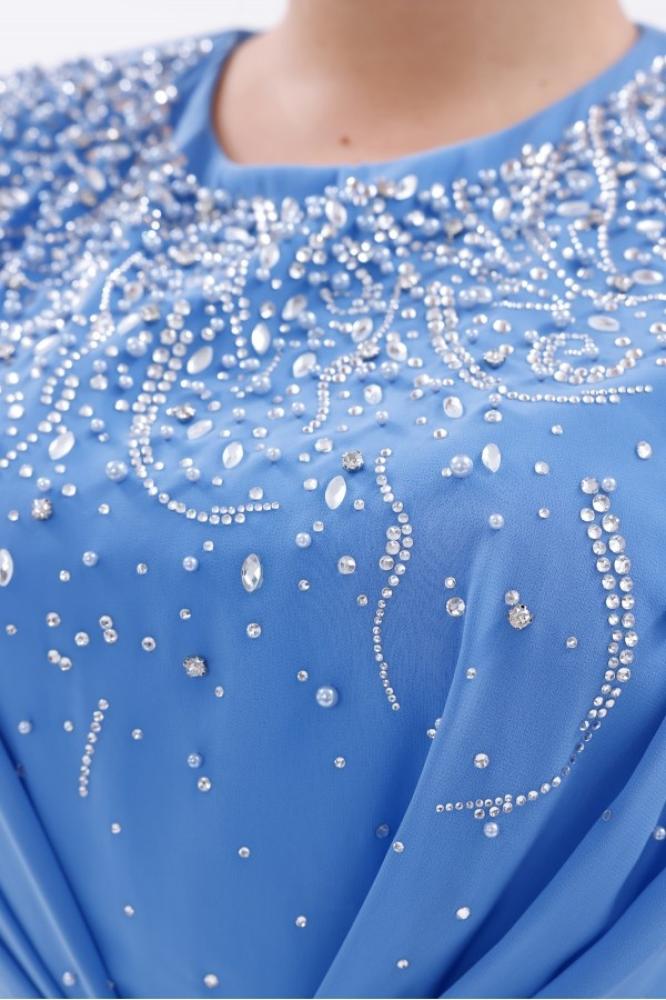 Blue chiffon evening dress - plus sizes - embroidered look with long sleeves for occasions - BDM Exclusive - original Turkish