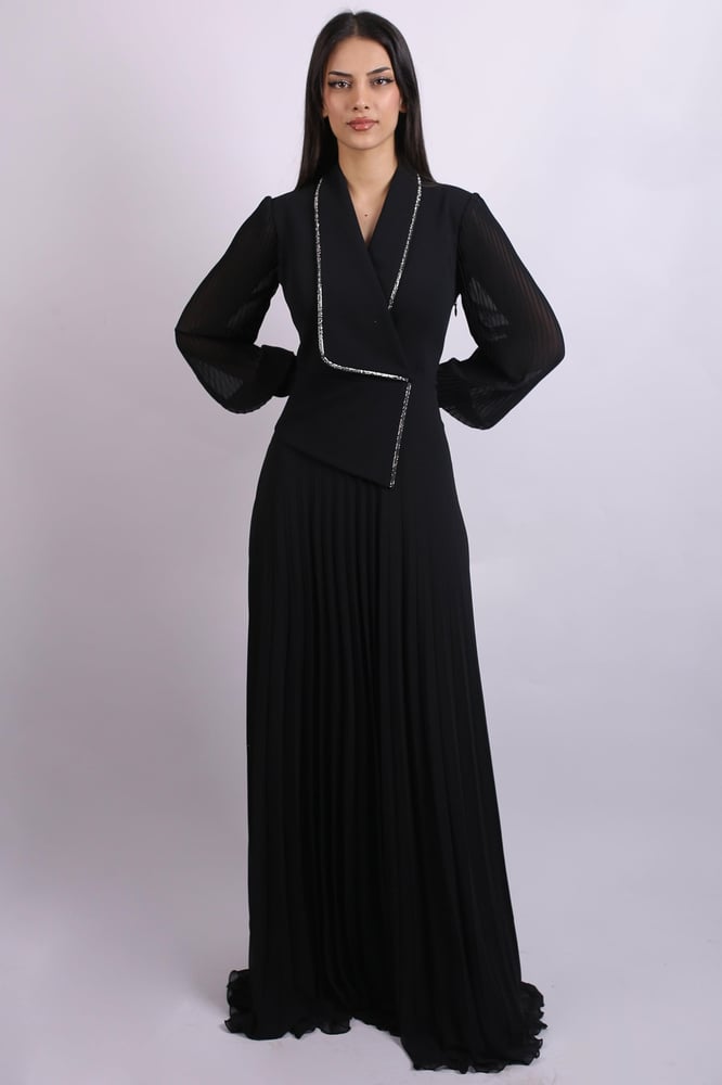 فستان سهرة – springstore – بأكمام طويلة مطوية – شيفون – أسود – 38