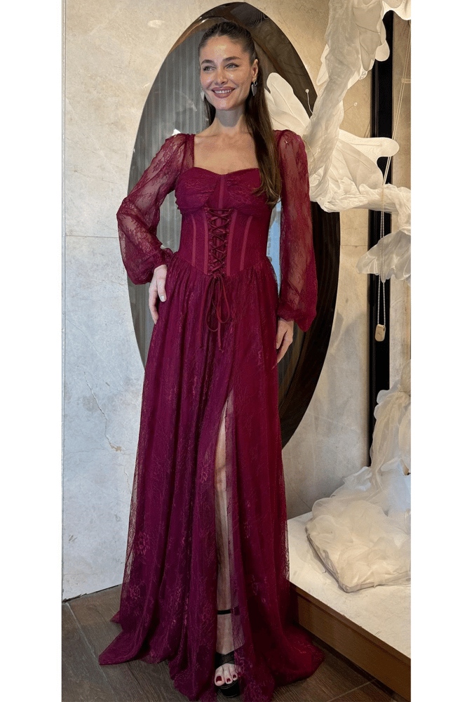 فستان سهرة – springstore – بأكمام طويلة وتصميم كورسيه أمامي – دانتيل