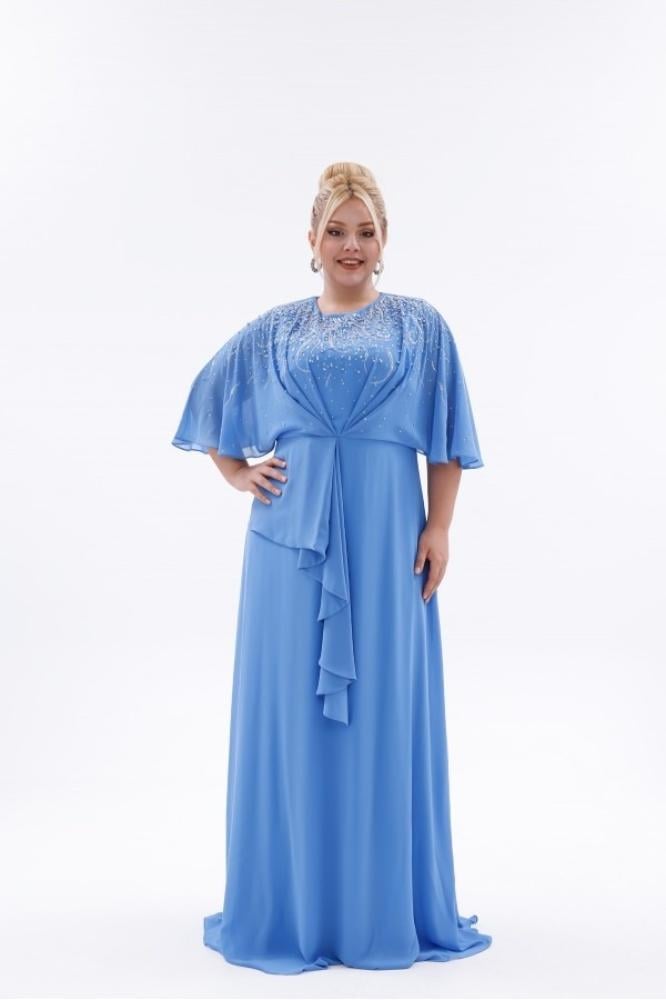 Blue chiffon evening dress - plus sizes - embroidered look with long sleeves for occasions - BDM Exclusive - original Turkish