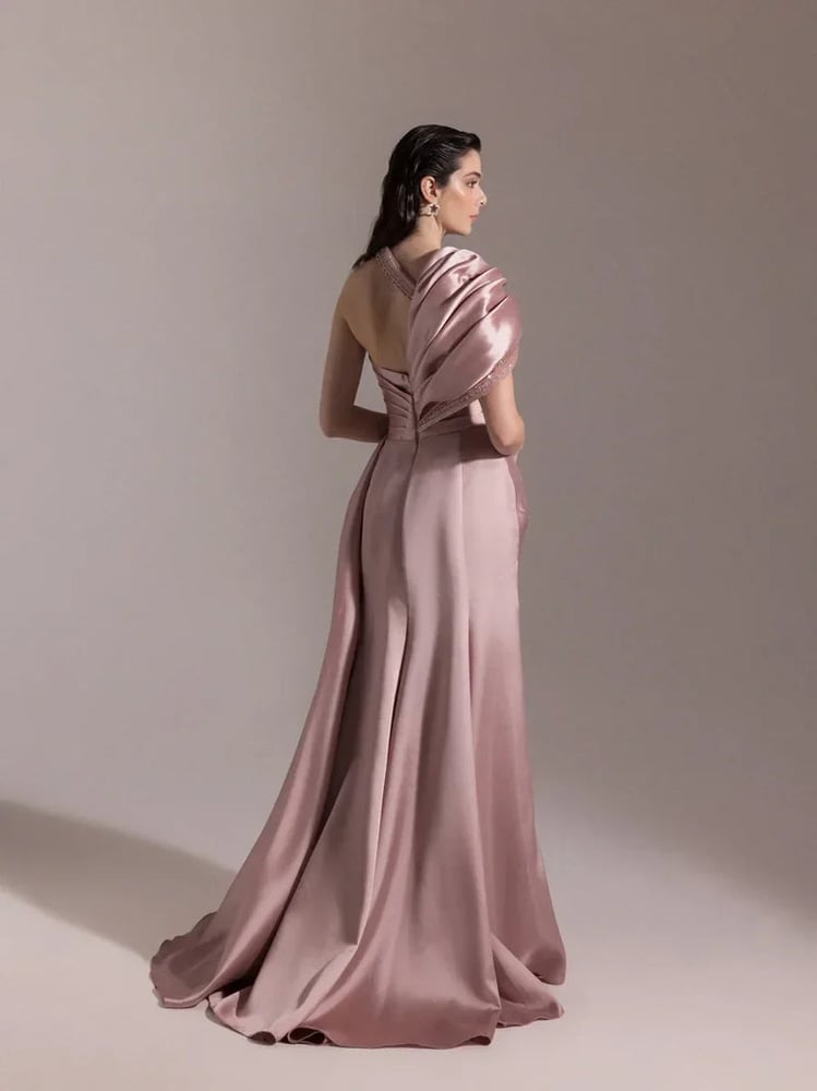 فستان نسائي – KENZEL – طويل كتف واحد ستان مزين بالخرز – من 38 إلى 46 – Made in turkey