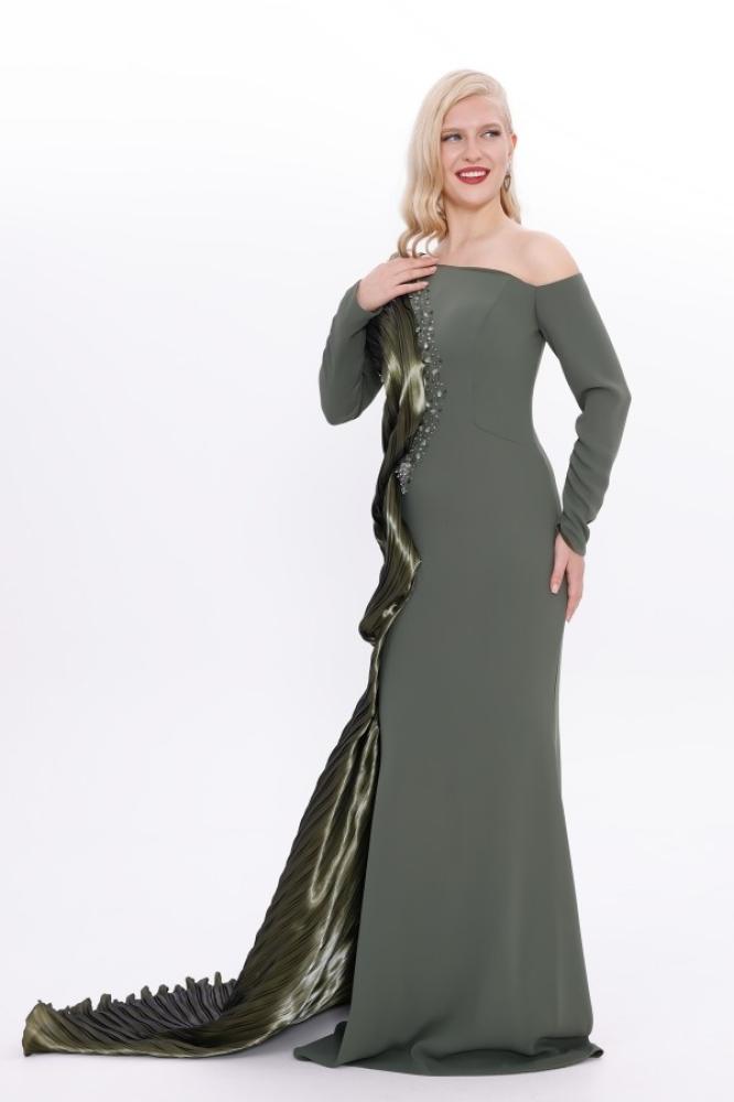 Evening gown crepe - khaki - organza look with one sleeve for occasions - one piece - BDM Exclusive - original Turkish