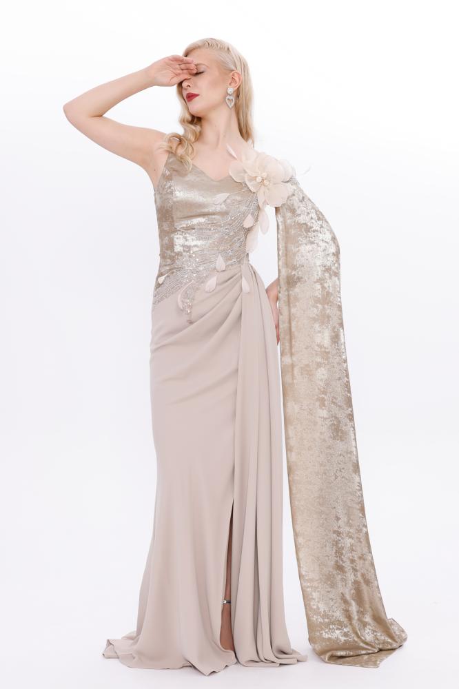 Cream velvet and crepe evening dress - for a stunning royal look - BDM - Original Turkish