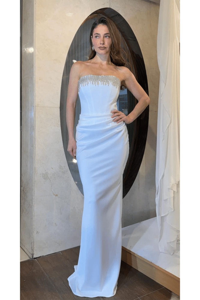 فستان سهرة – springstore – بدون حمالات وياقة مطرزة – كريب وساتان