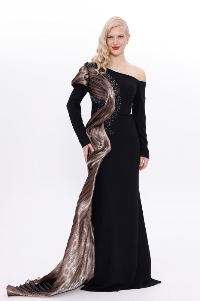 Evening gown crepe - khaki - organza look with one sleeve for occasions - one piece - BDM Exclusive - original Turkish