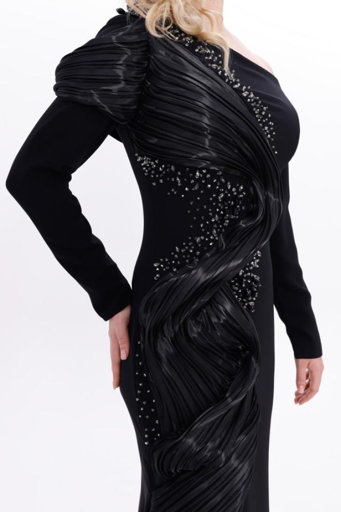 Evening gown crepe - khaki - organza look with one sleeve for occasions - one piece - BDM Exclusive - original Turkish