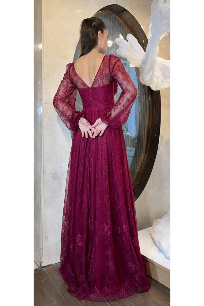 فستان سهرة – springstore – بأكمام طويلة وتصميم كورسيه أمامي – دانتيل