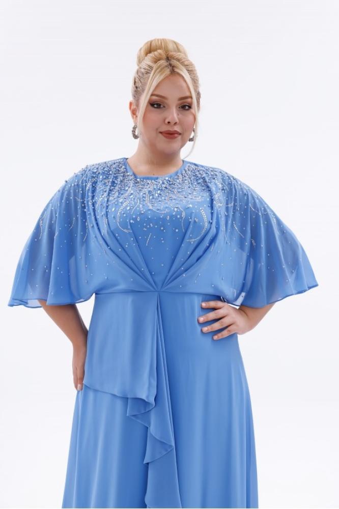 Blue chiffon evening dress - plus sizes - embroidered look with long sleeves for occasions - BDM Exclusive - original Turkish