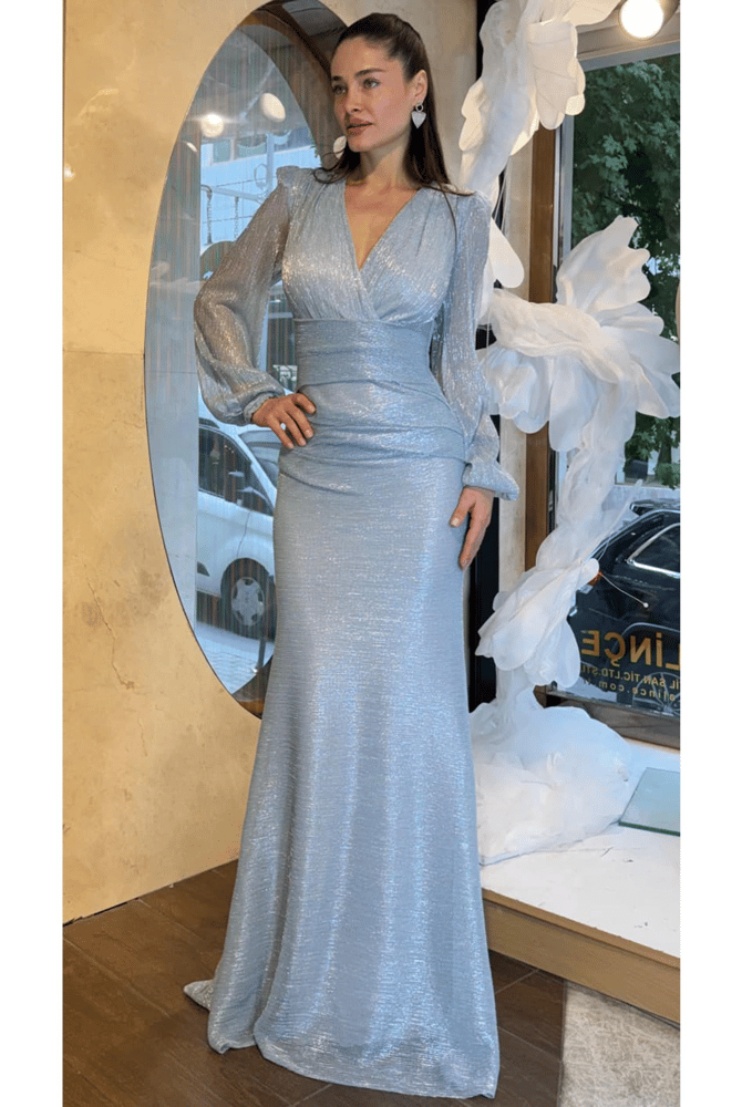 فستان سهرة – springstore – بأكمام طويلة وقصة متداخلة – أزرق فاتح – 36-