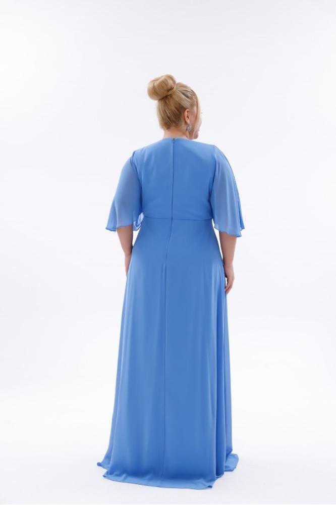 Blue chiffon evening dress - plus sizes - embroidered look with long sleeves for occasions - BDM Exclusive - original Turkish