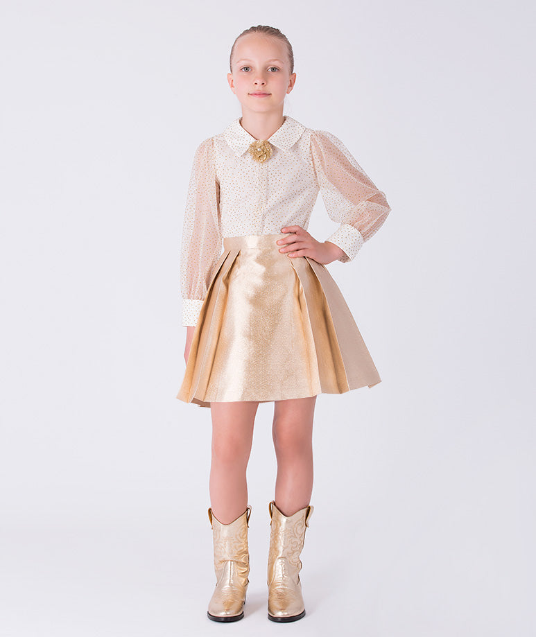 بلوزة – goose – أكمام من التول – شيفون – بيج فاتح – 3 إلى 8 سنوات