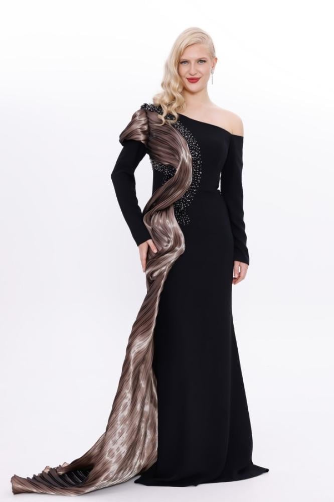 Evening gown crepe - khaki - organza look with one sleeve for occasions - one piece - BDM Exclusive - original Turkish