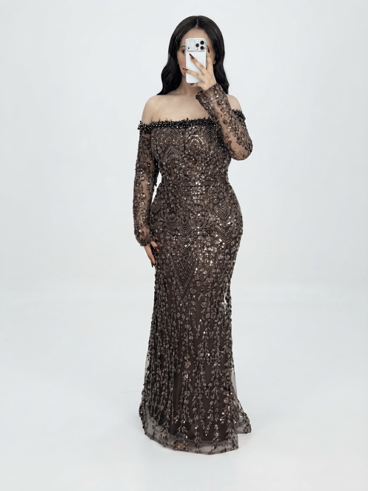 فستان سهرة miracouture أكمام طويلة ترتر