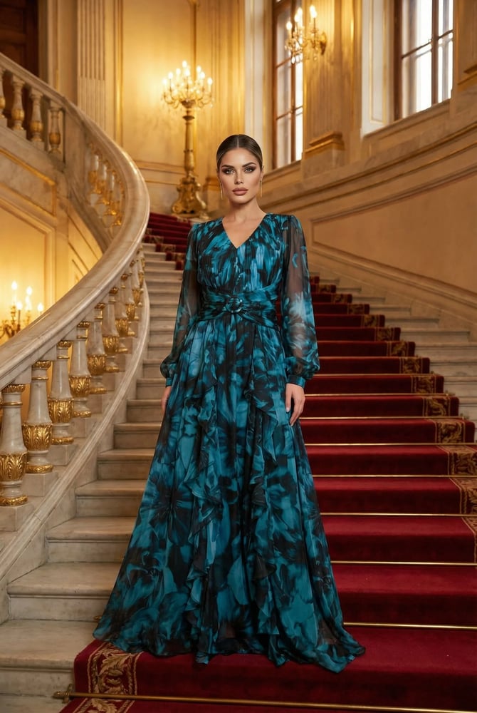 فستان نسائي Crystalia شيفون بنقشة أزهار تركوازي وأسود