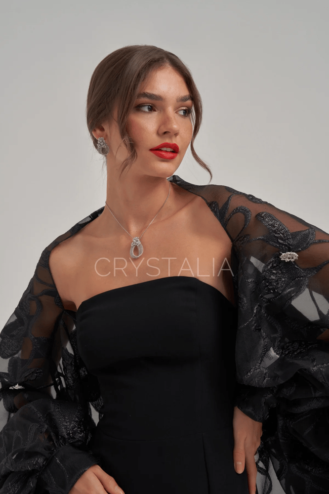 فستان نسائى Crystalia – من الأورجانزا بتصميم منسدل – أسود –للمناسبات