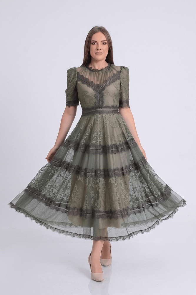 فستان سهرة – springstore – بأكمام قصيره – دانتيل وتل – كاكي – 36-46