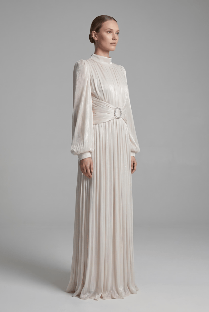 فستان سهرة – springstore – بأكمام طويلة وياقة عالية – شيفون