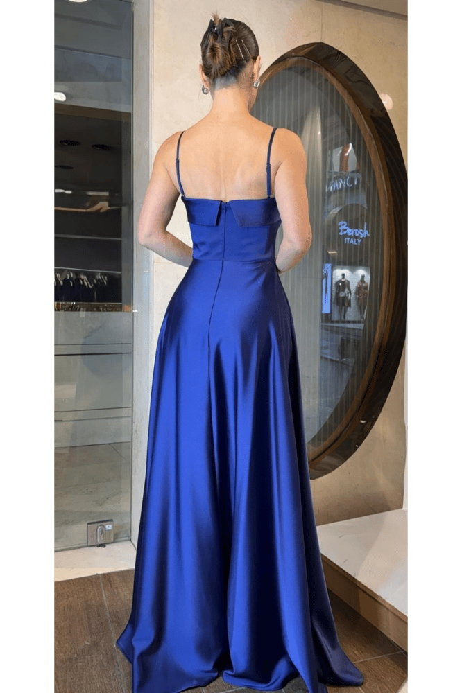 فستان سهرة – springstore – بدون حمالات وياقة مطرزة – ساتان – أزرق داكن