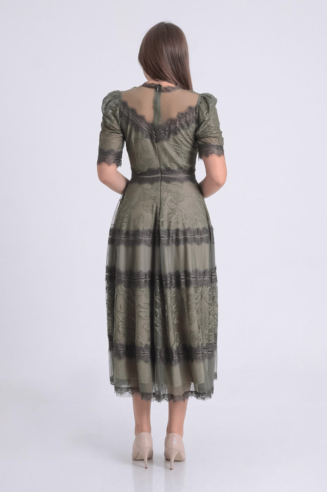 فستان سهرة – springstore – بأكمام قصيره – دانتيل وتل – كاكي – 36-46